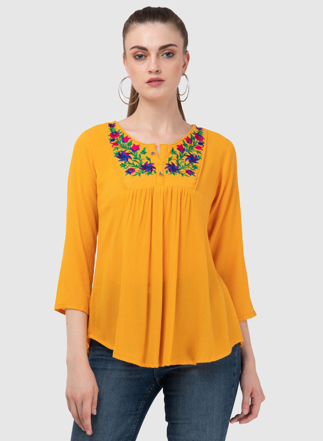 Women Top Yellow Regular Fit and Flare 3/4 Sleeve