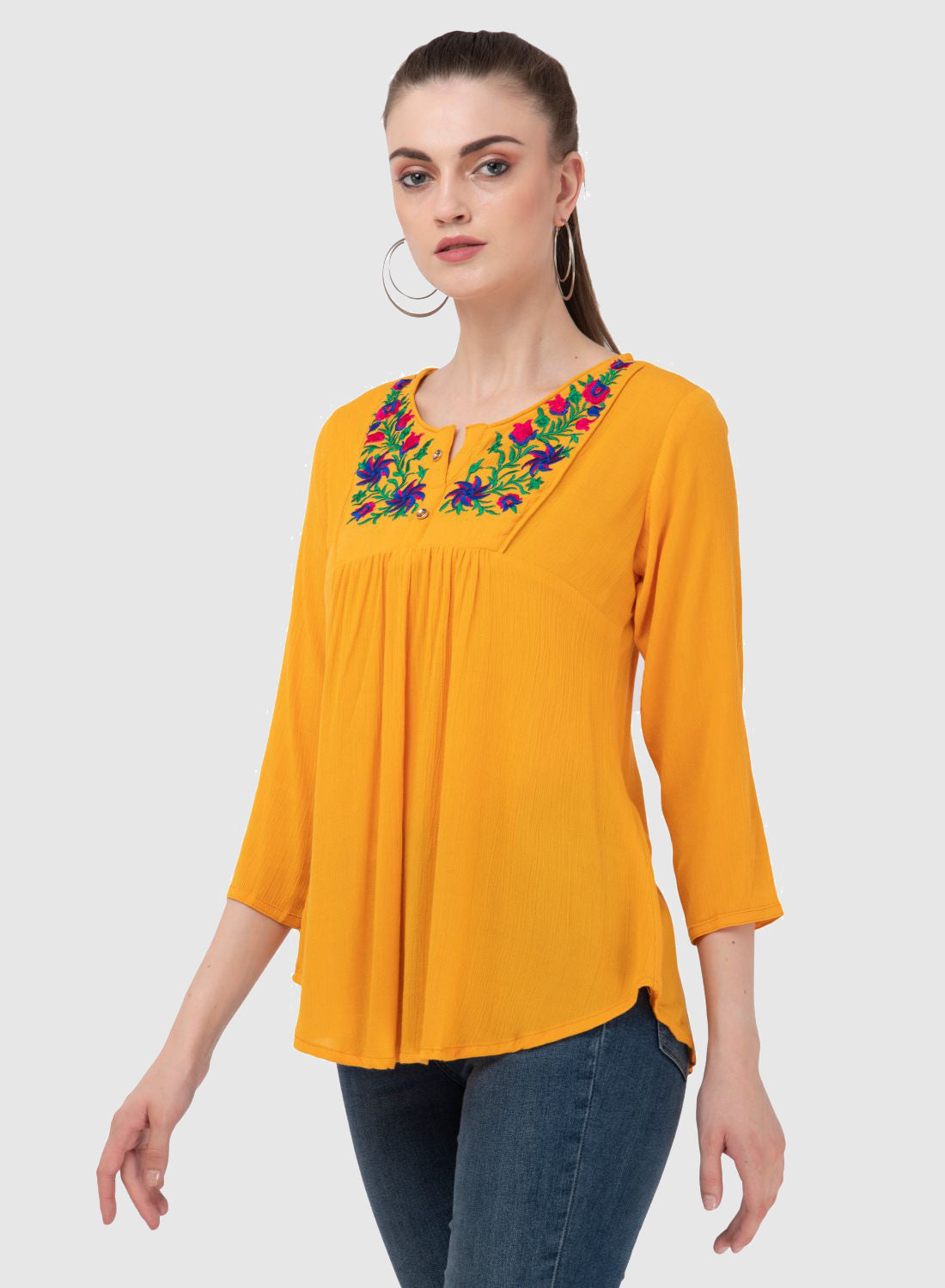 Women Top Yellow Regular Fit and Flare 3/4 Sleeve