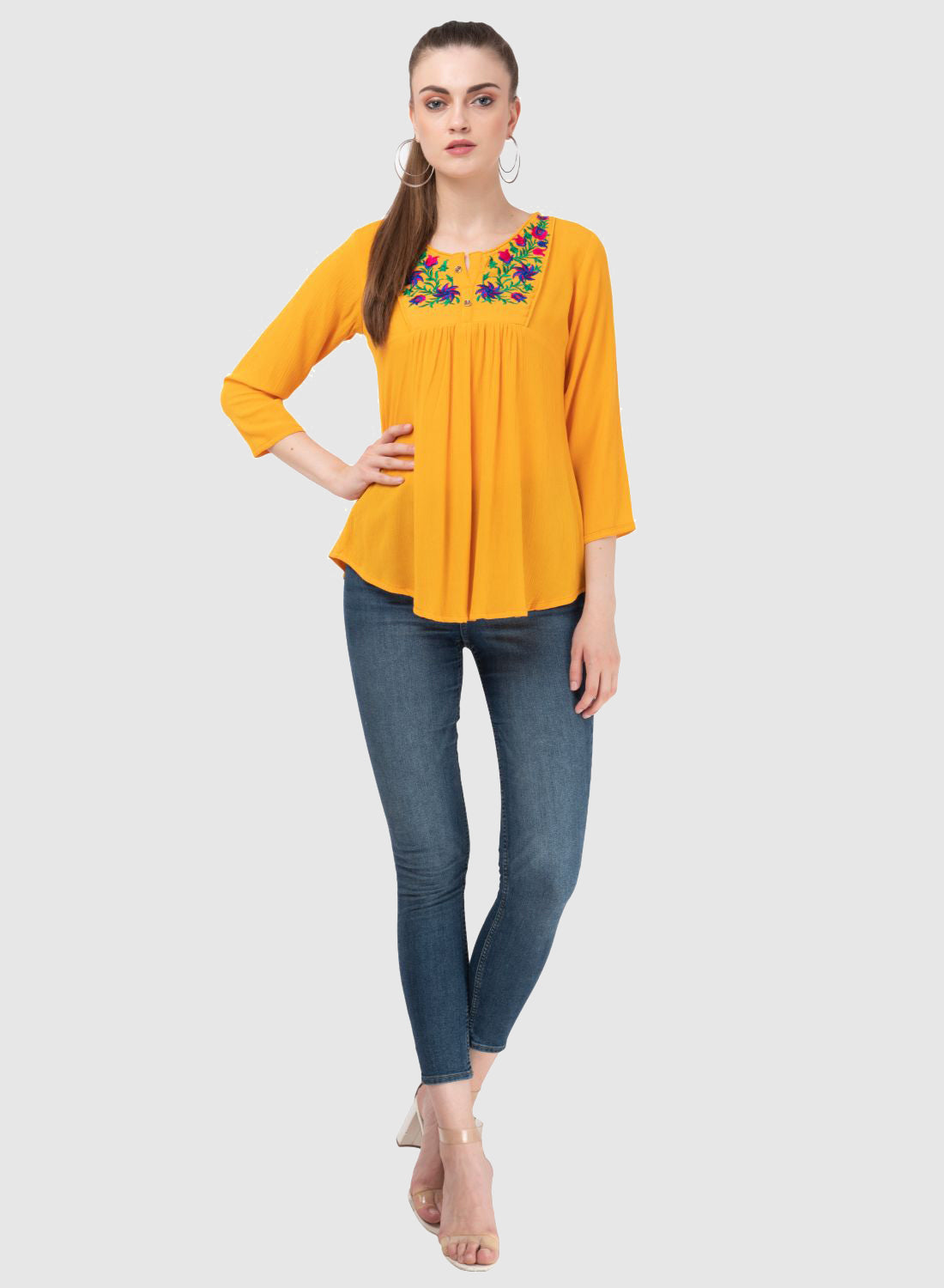 Women Top Yellow Regular Fit and Flare 3/4 Sleeve