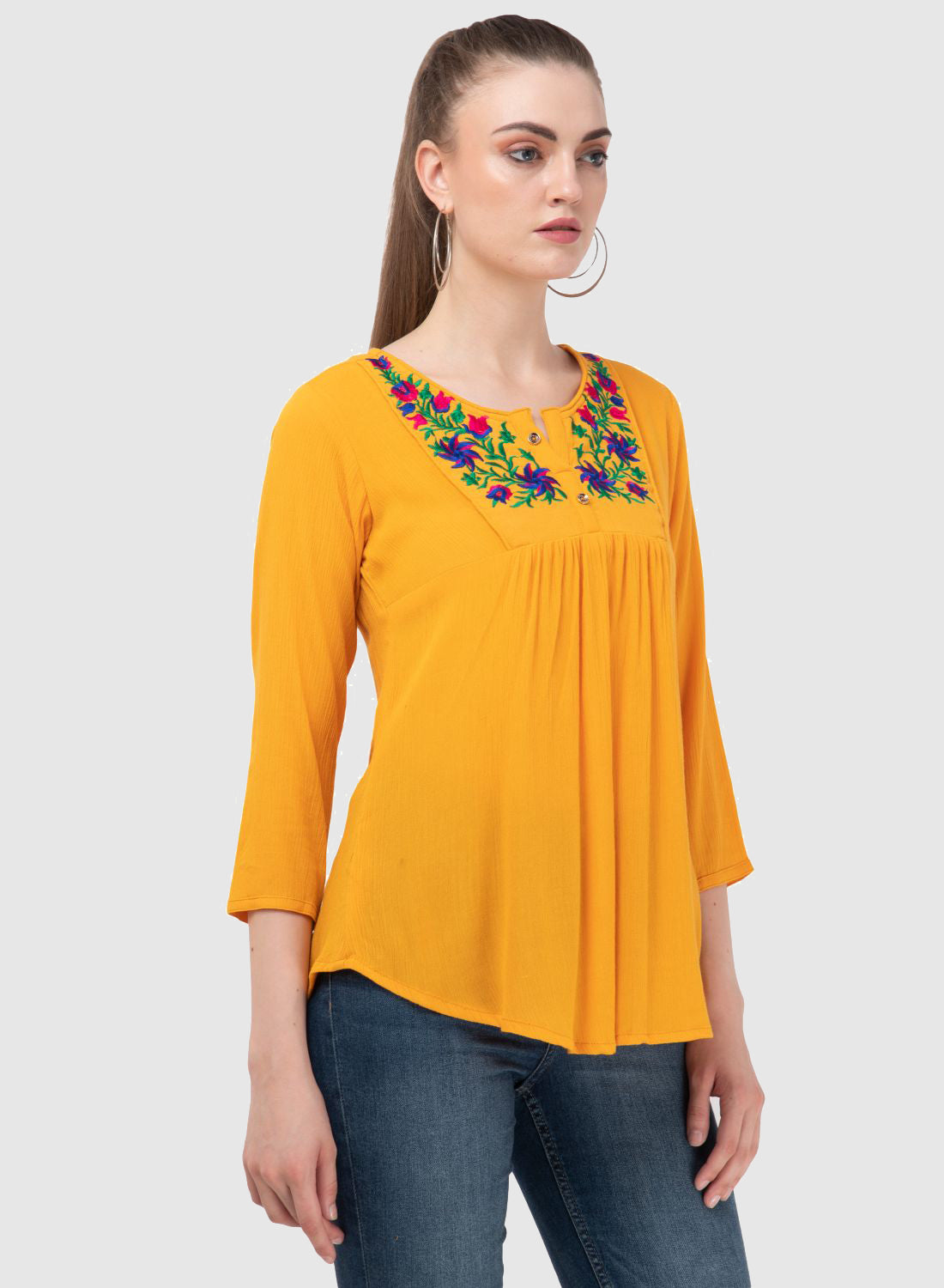 Women Top Yellow Regular Fit and Flare 3/4 Sleeve