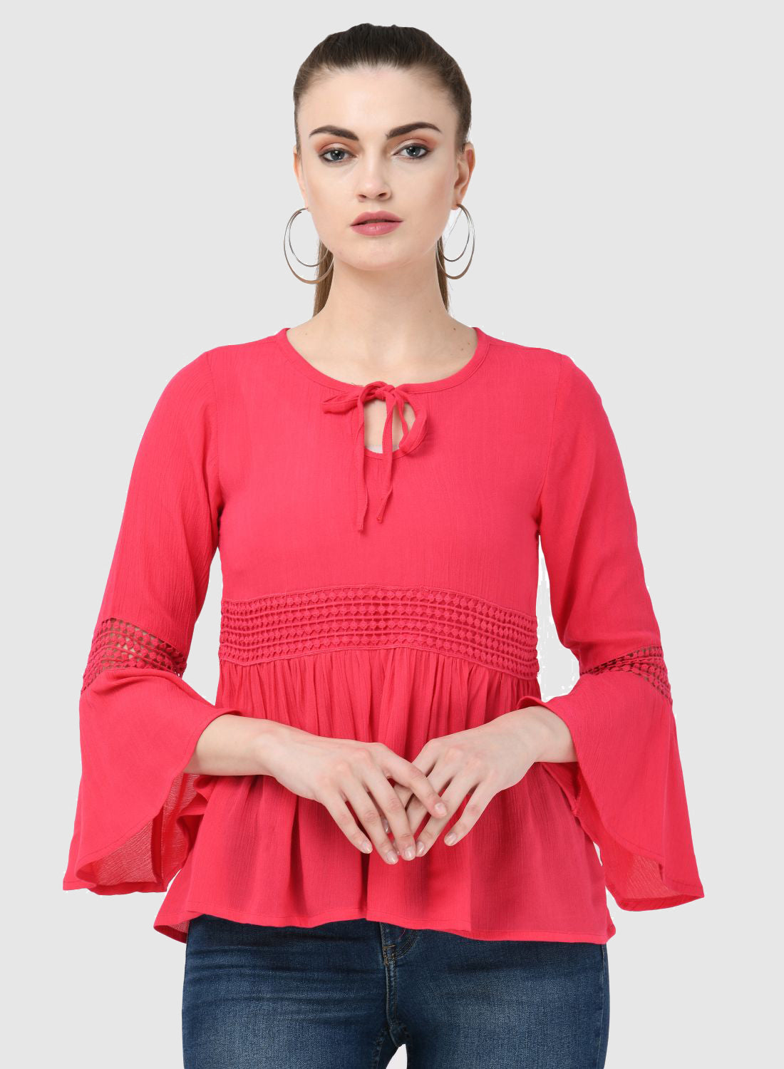 Women Top Pink Regular Fit Party Fit and Flare Bell Sleeve With Lace Work