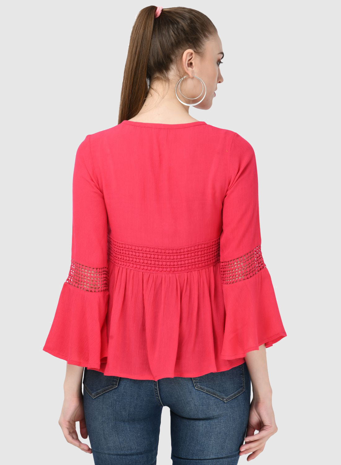 Women Top Pink Regular Fit Party Fit and Flare Bell Sleeve With Lace Work