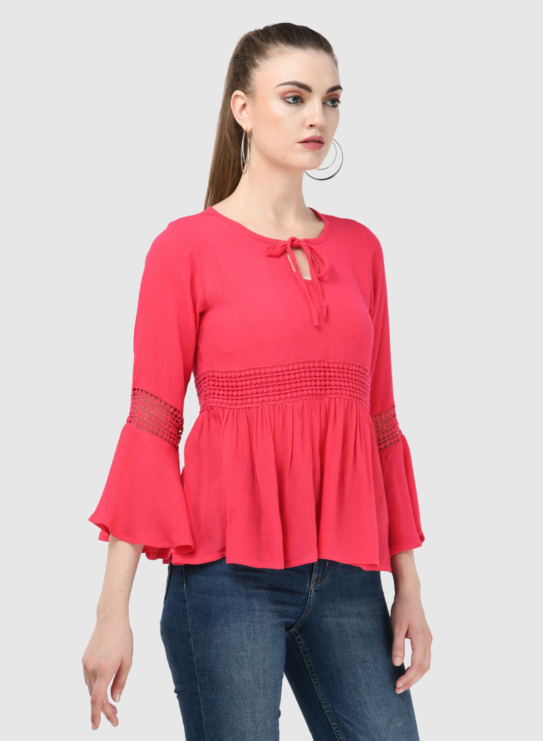 Women Top Pink Regular Fit Party Fit and Flare Bell Sleeve With Lace Work