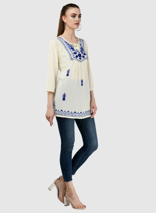 Women Top White Regular Fit and Flare 3/4 Sleeve Embroidery Work