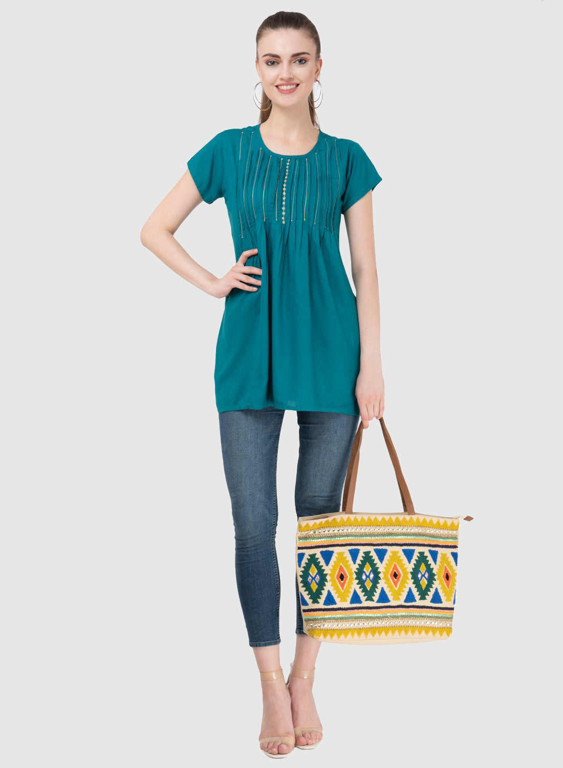 Women Top P Blue Casual Regular Fit and Flare Half Sleeve Embroidery Work