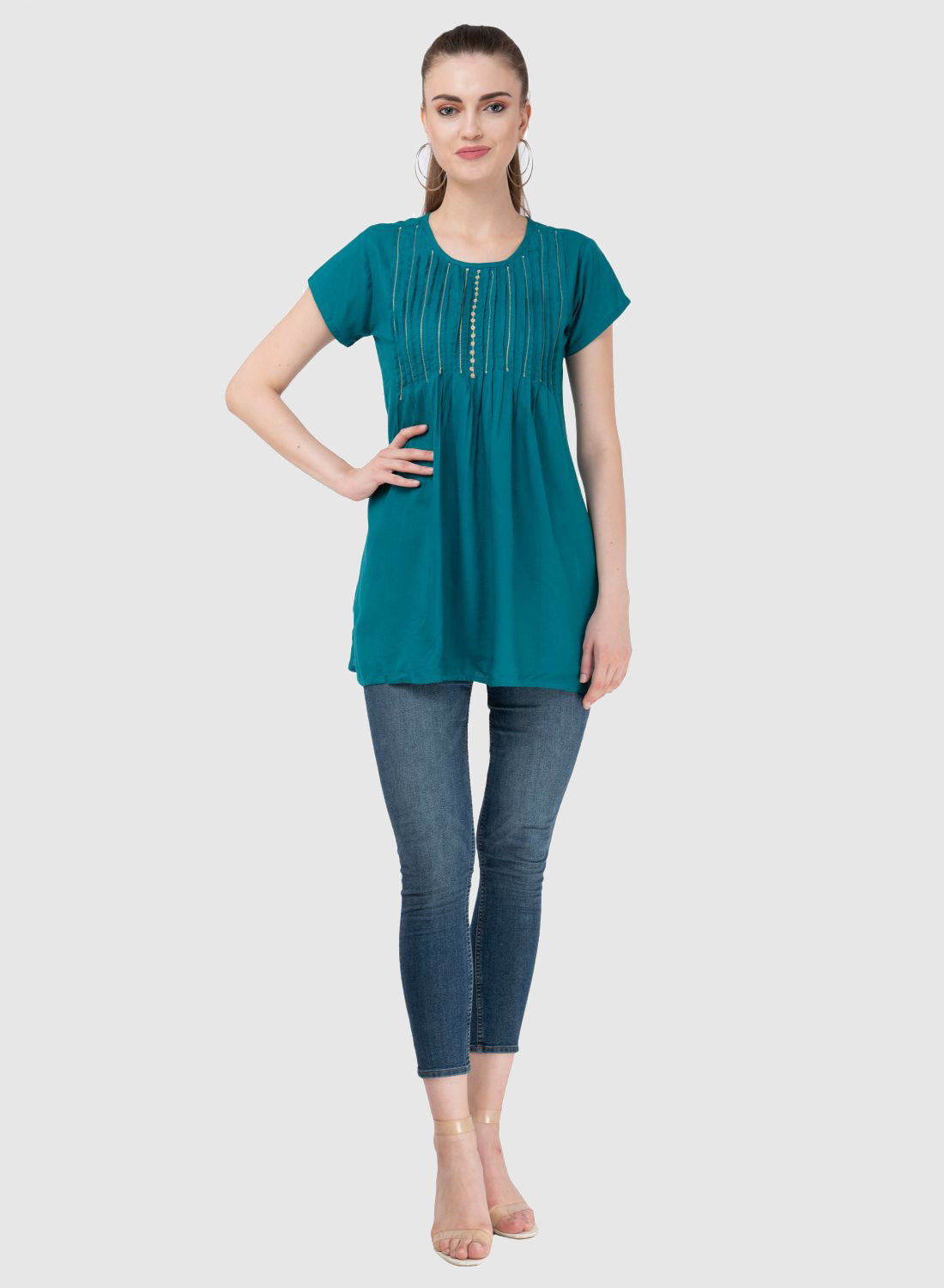 Women Top P Blue Casual Regular Fit and Flare Half Sleeve Embroidery Work