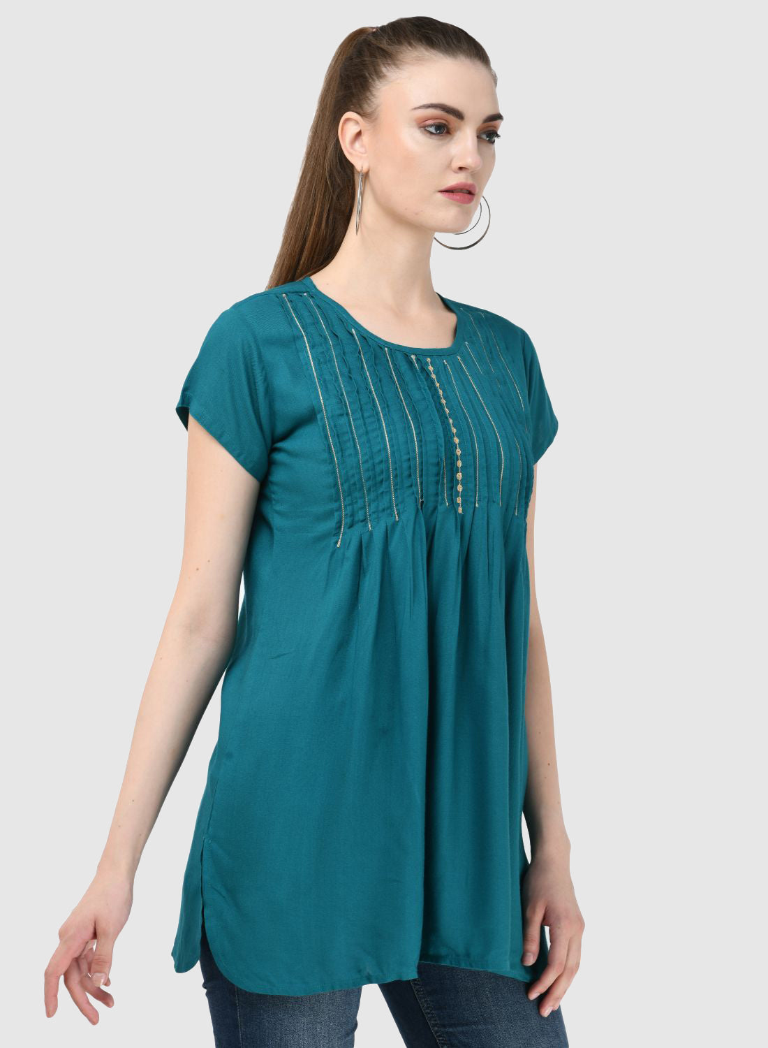 Women Top P Blue Casual Regular Fit and Flare Half Sleeve Embroidery Work