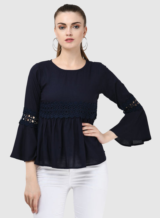 Women Top Navy Blue Regular Fit Party Fit and Flare Bell Sleeve With Lace Work