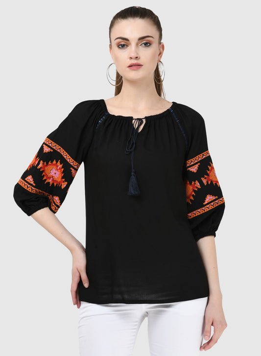 Women Top Black Casual Regular Fit 3/4 Puff Sleeve