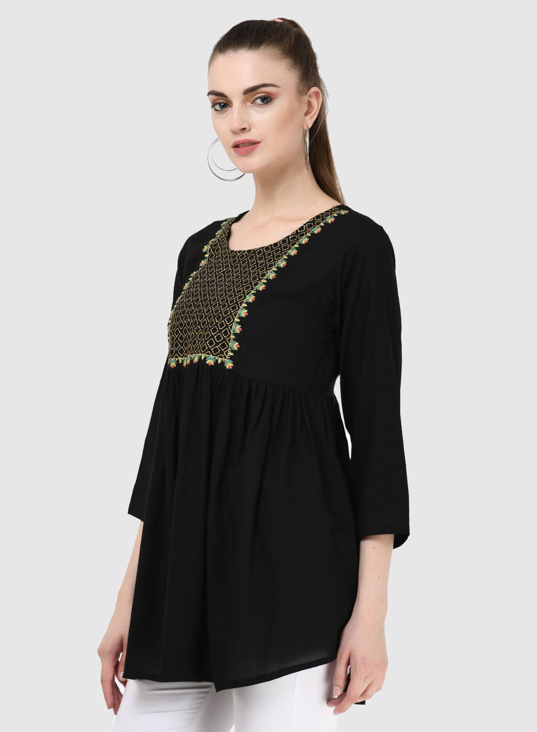 Women Top Black Regular Fit and Flare 3/4 Sleeve Embroidery Work