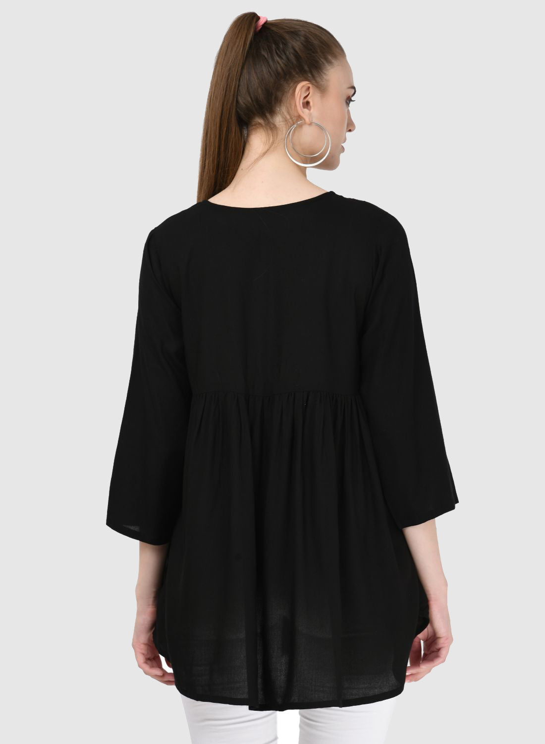 Women Top Black Regular Fit and Flare 3/4 Sleeve Embroidery Work