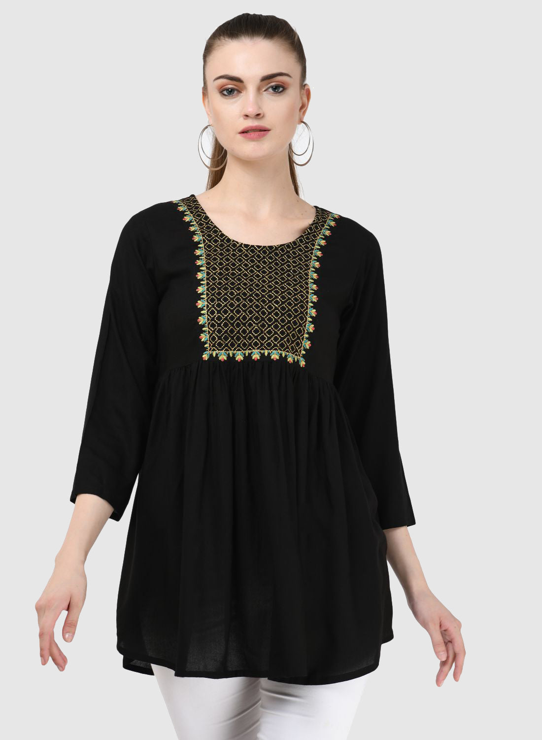 Women Top Black Regular Fit and Flare 3/4 Sleeve Embroidery Work