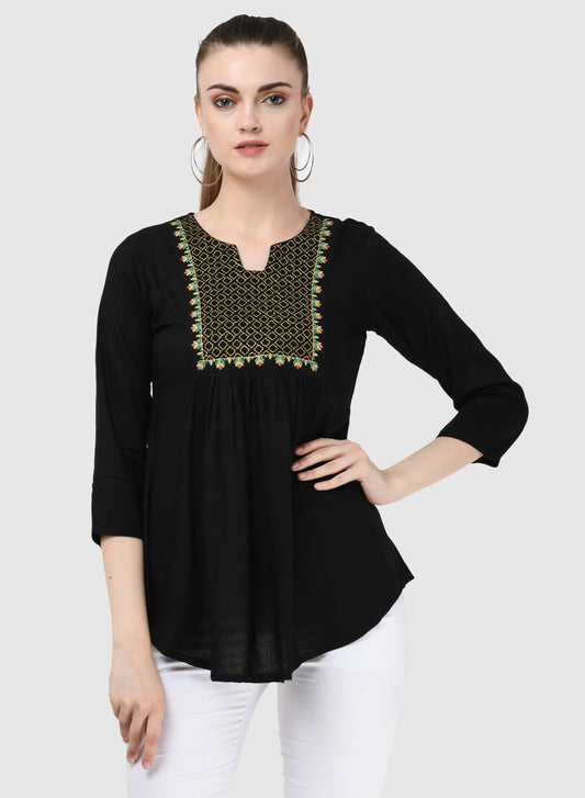 Women Top Black Regular Fit and Flare 3/4 Sleeve Embroidery Work