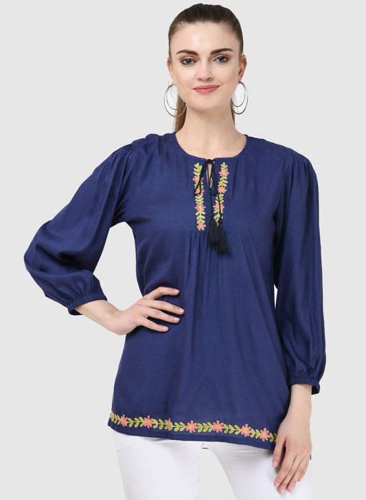 Women Top Blue Regular Fit Puff 3/4 Sleeve Embroidery Work