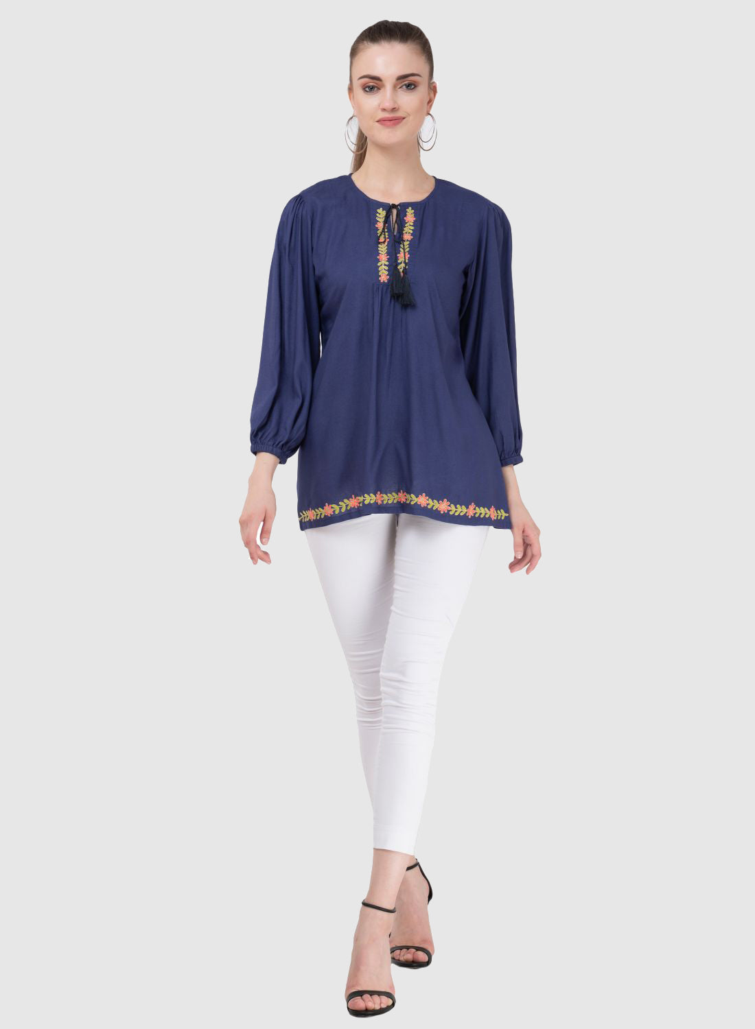 Women Top Blue Regular Fit Puff 3/4 Sleeve Embroidery Work