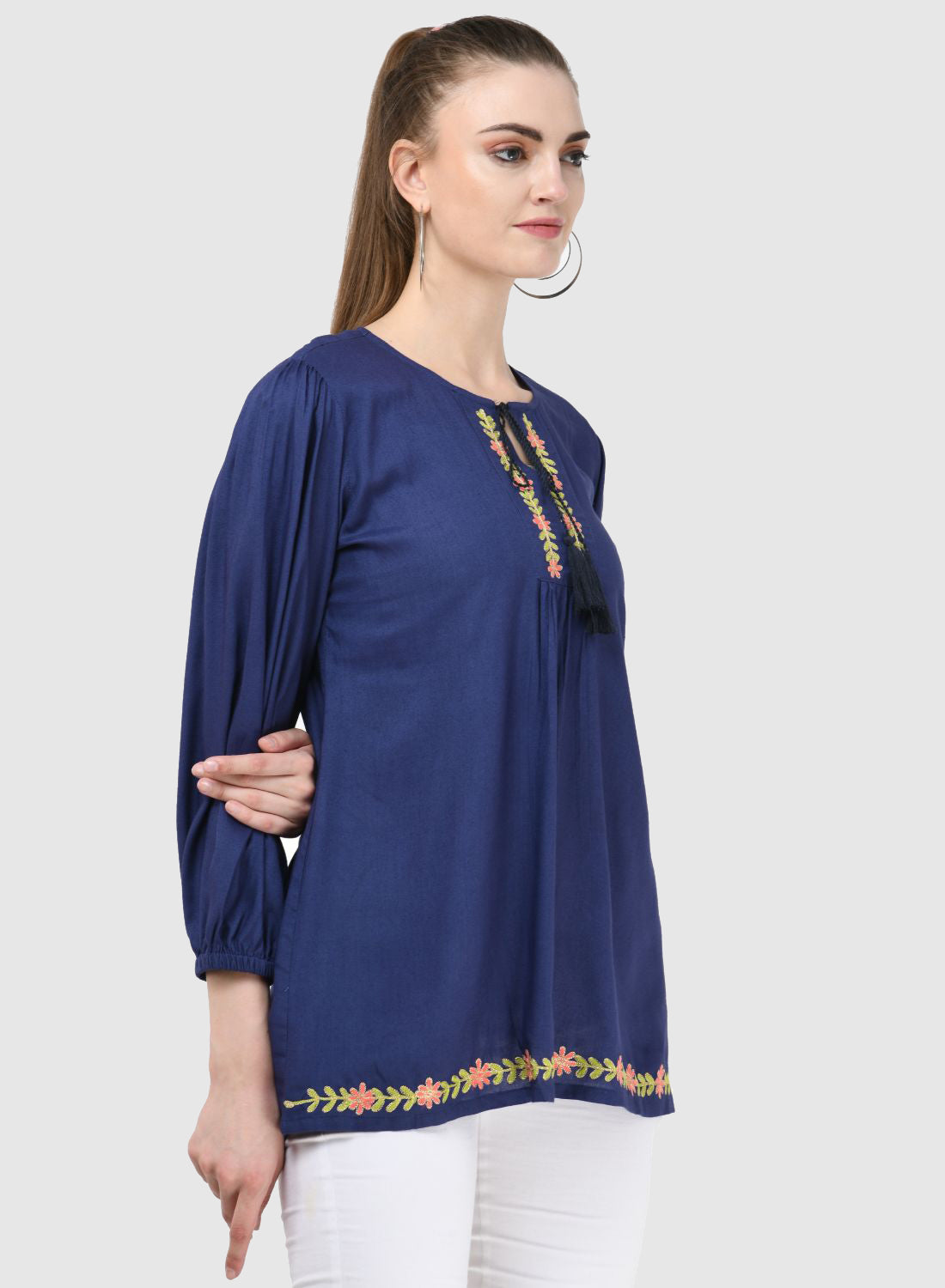 Women Top Blue Regular Fit Puff 3/4 Sleeve Embroidery Work