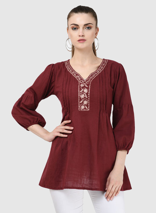 Women Top Maroon Regular Fit and Flare 3/4 Puff Sleeve Embroidery Work