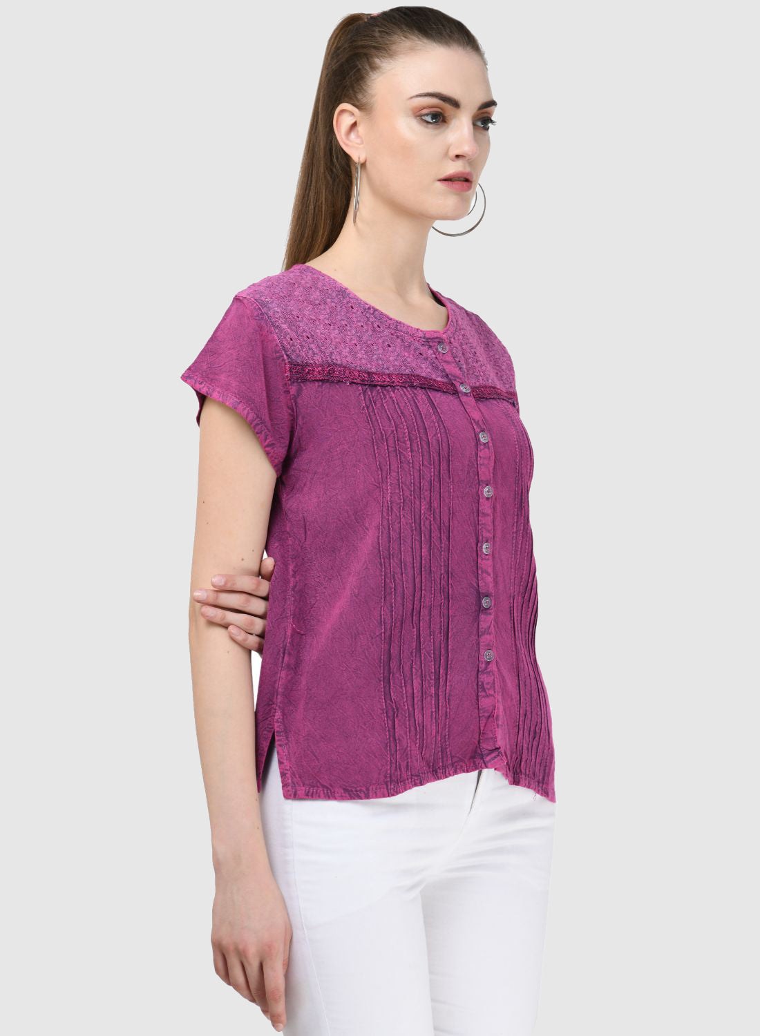 Women Top Pink Regular Fit Cap Sleeve Embroidery Work