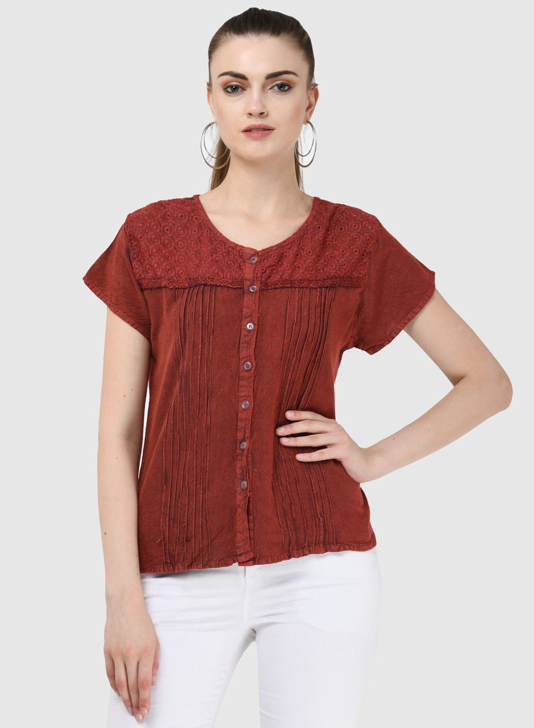 Women Top Maroon Regular Fit Cap Sleeve Embroidery Work