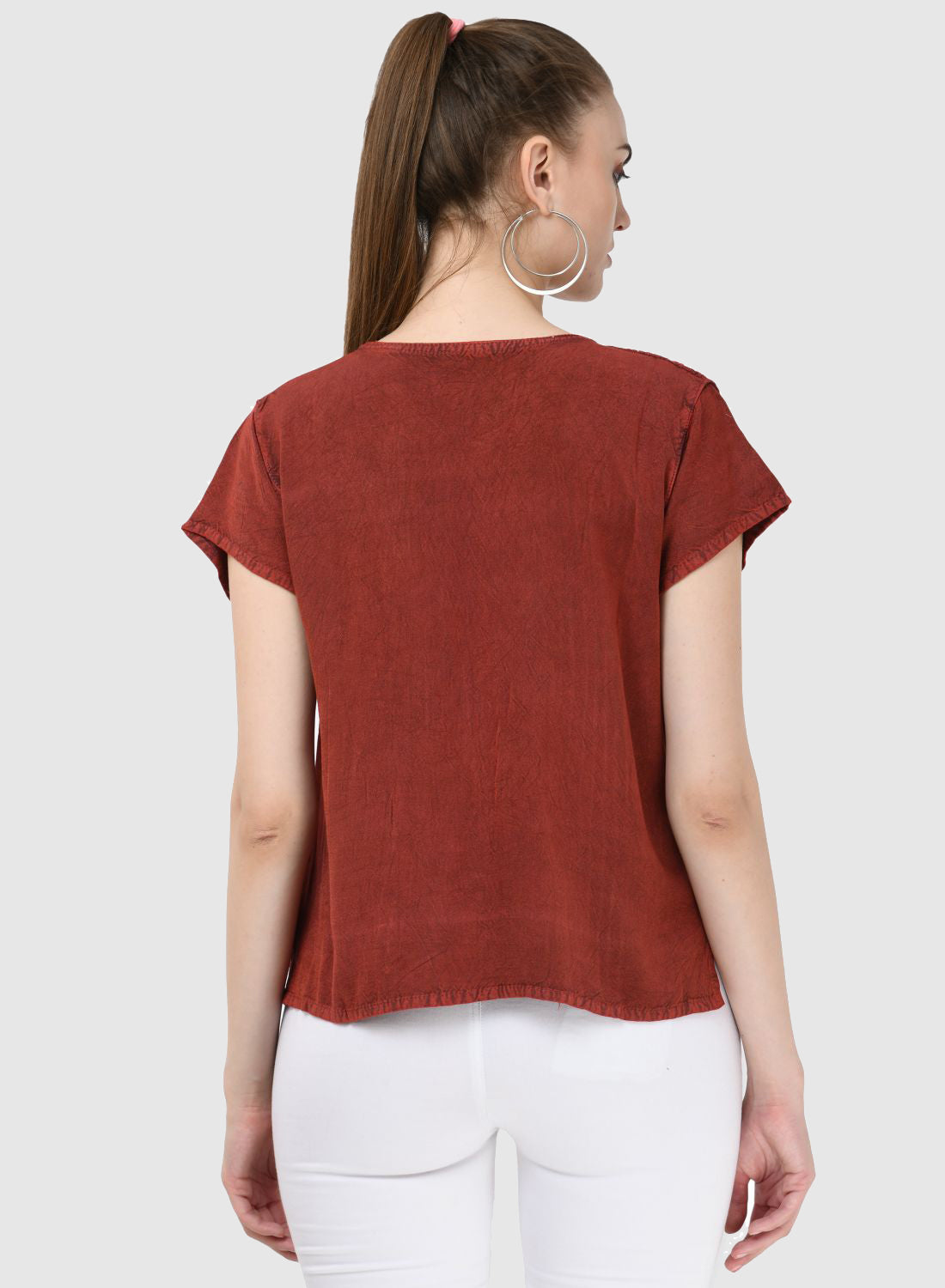 Women Top Maroon Regular Fit Cap Sleeve Embroidery Work