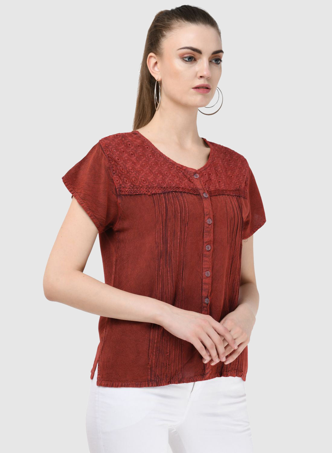 Women Top Maroon Regular Fit Cap Sleeve Embroidery Work