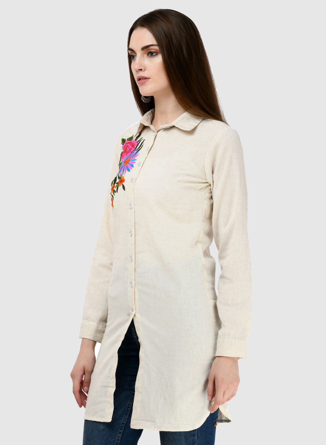 Women Top White Tunic Regular Fit Full Sleeve Embroidery Work