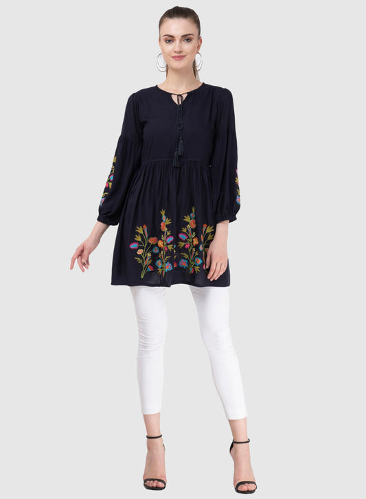 Women Top Navy Blue Fit and Flare 3/4 Puff Sleeve Embroidery Work