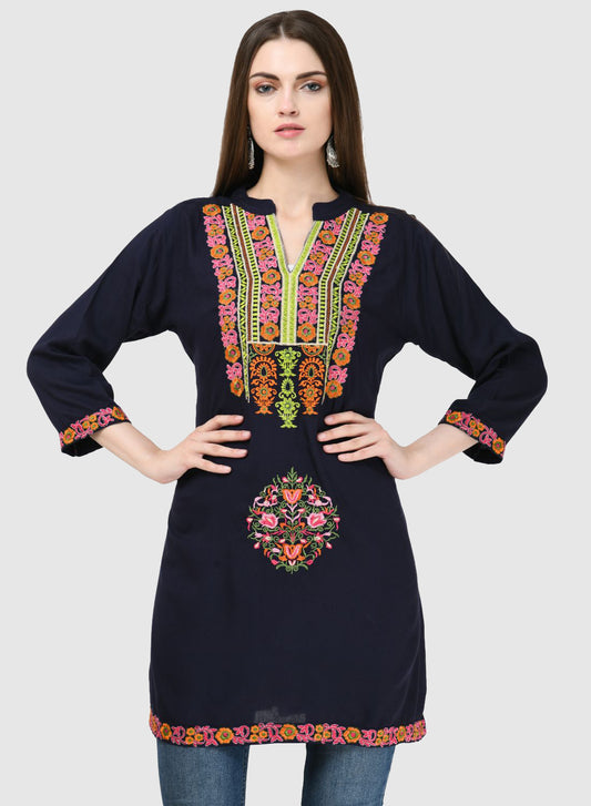 Women Top Blue Casual Regular Fit 3/4 Sleeve Embroidery Work