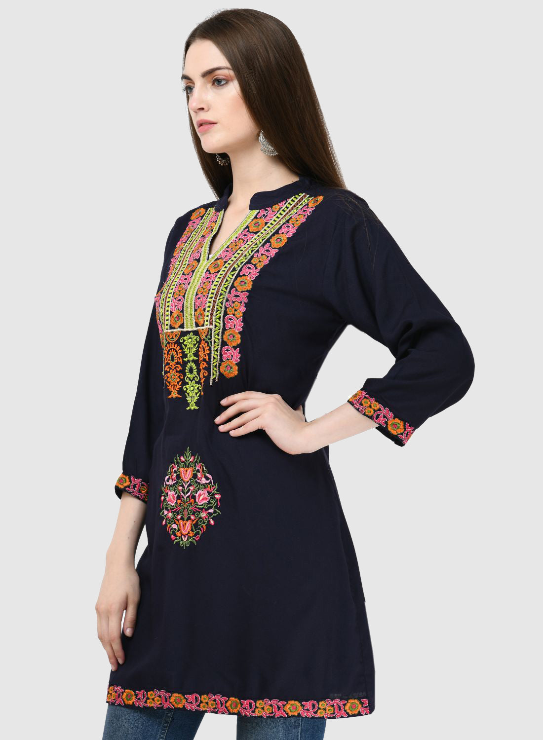Women Top Blue Casual Regular Fit 3/4 Sleeve Embroidery Work