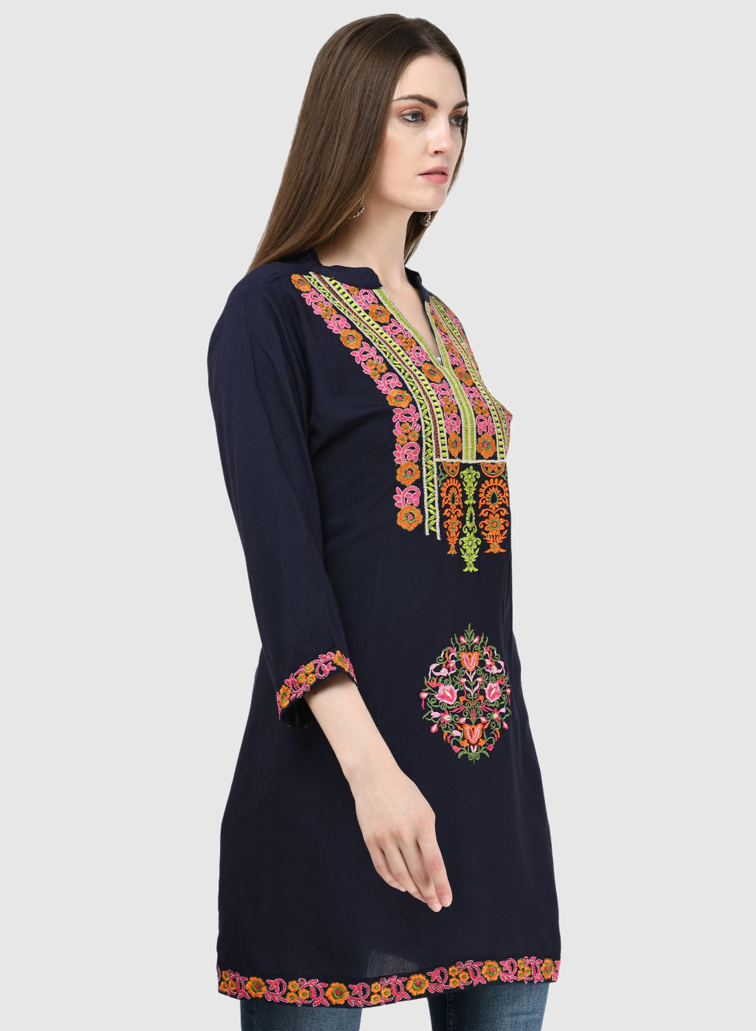 Women Top Blue Casual Regular Fit 3/4 Sleeve Embroidery Work