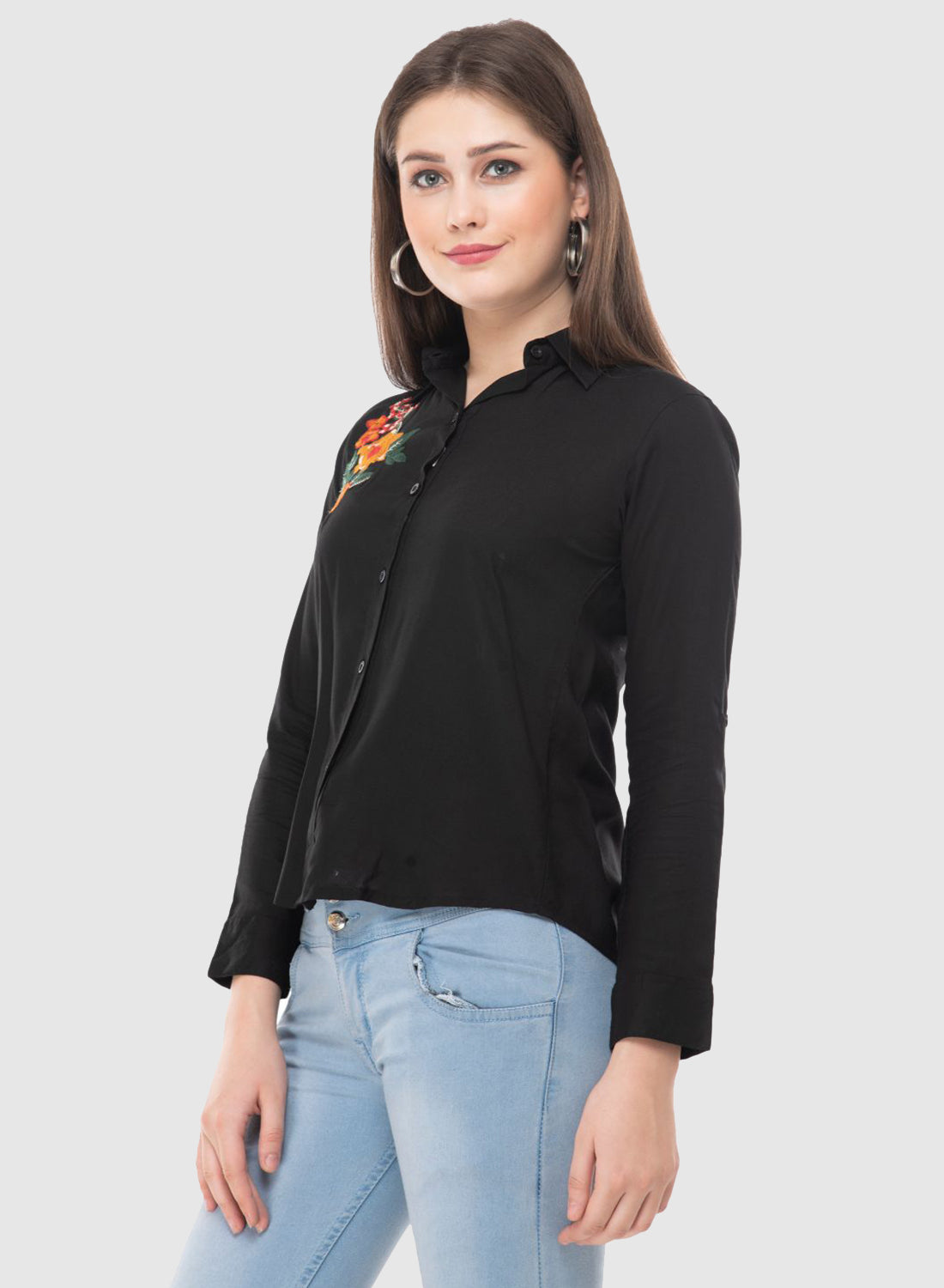 Women Top Black Regular Fit Full Sleeve Embroidery Work