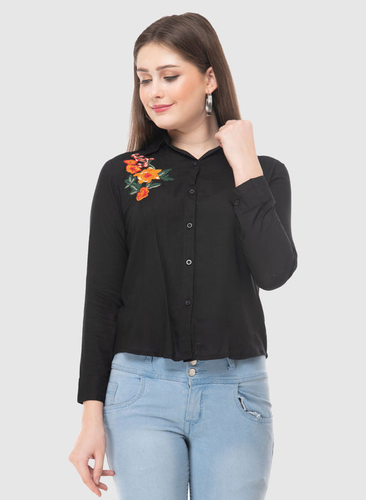 Women Top Black Regular Fit Full Sleeve Embroidery Work