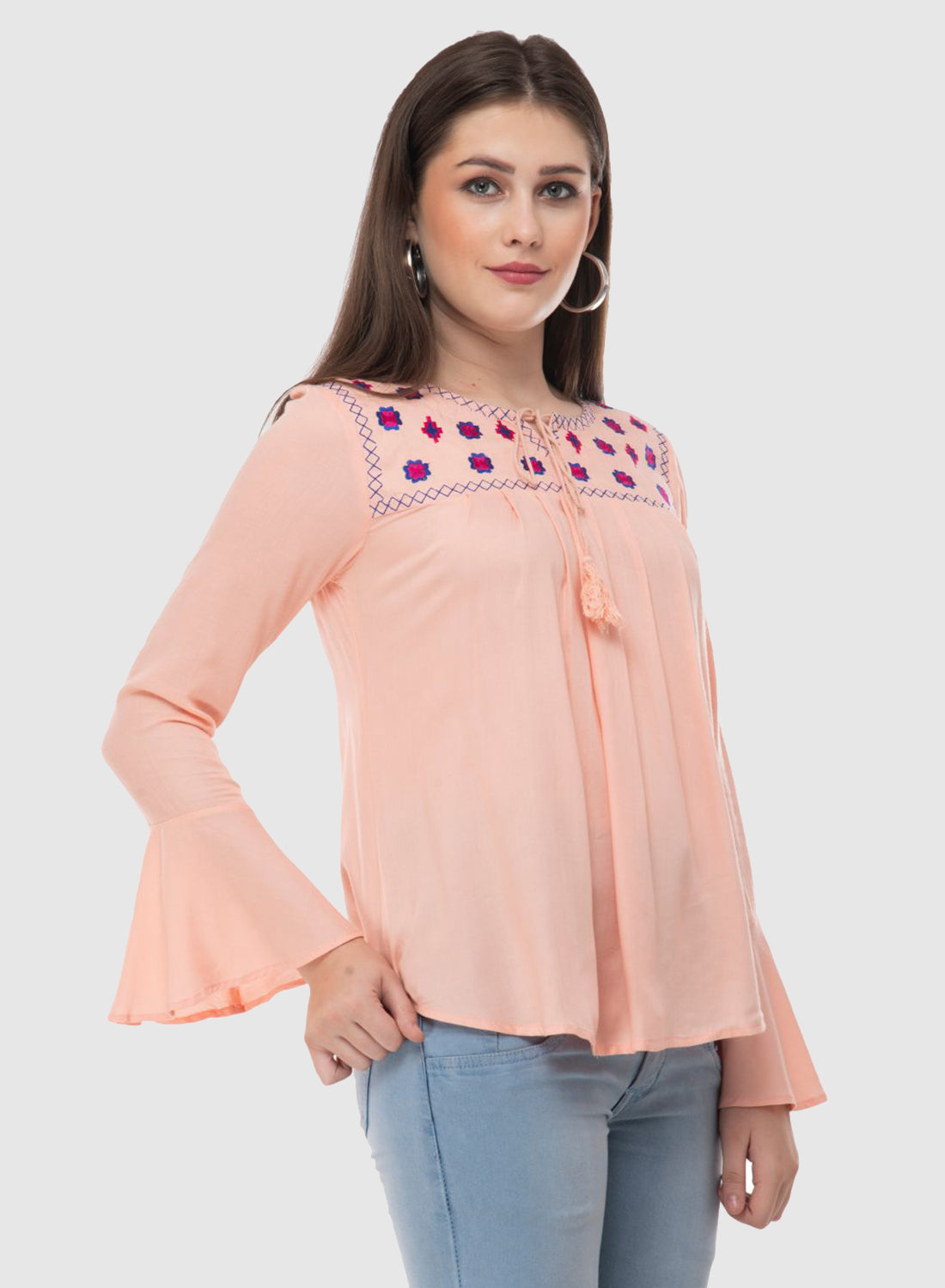 Women Top Pink Casual Regular Fit Bell Sleeve Embroidery Work