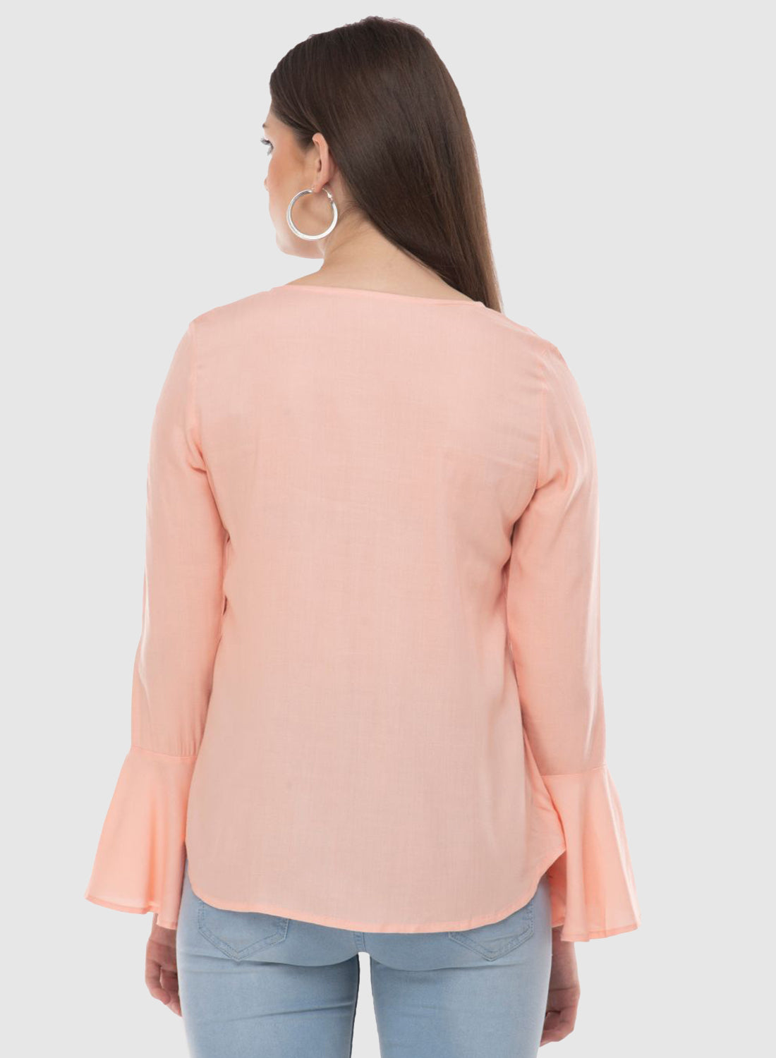 Women Top Pink Casual Regular Fit Bell Sleeve Embroidery Work