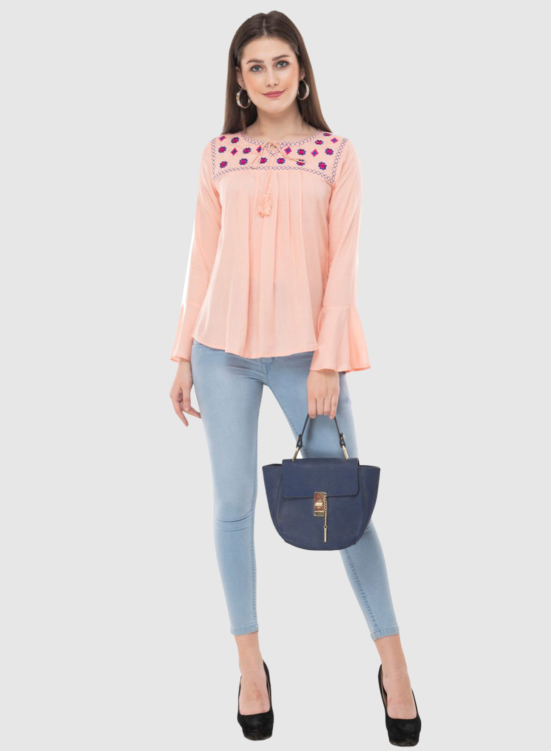 Women Top Pink Casual Regular Fit Bell Sleeve Embroidery Work