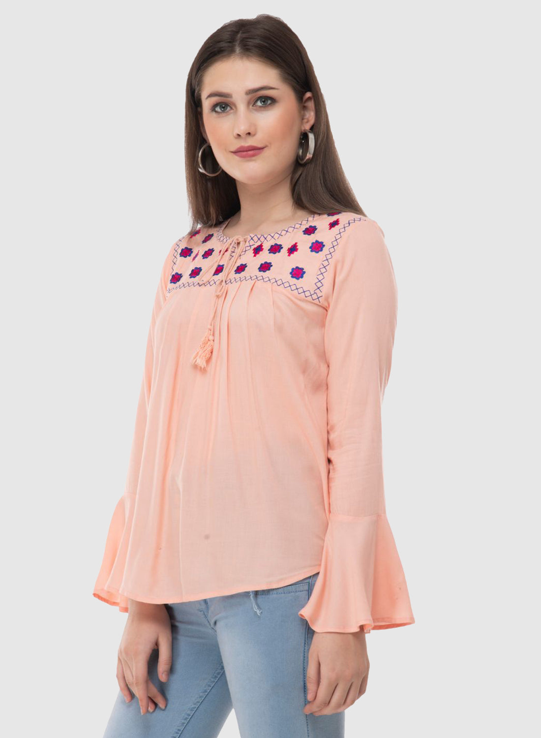 Women Top Pink Casual Regular Fit Bell Sleeve Embroidery Work