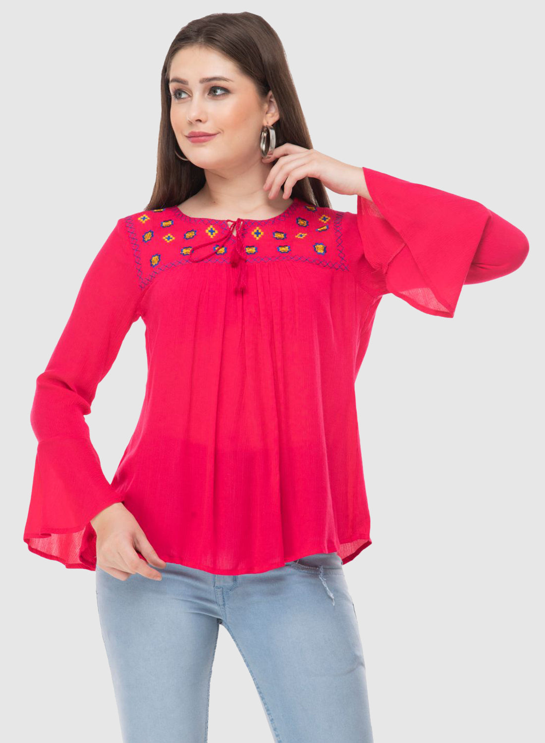 Women Top Rani Casual Regular Fit Bell Sleeve Embroidery Work