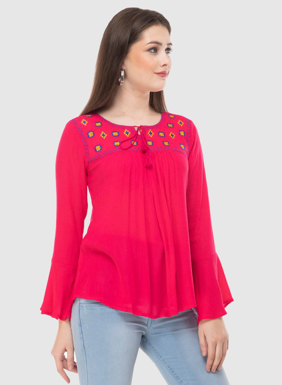 Women Top Rani Casual Regular Fit Bell Sleeve Embroidery Work