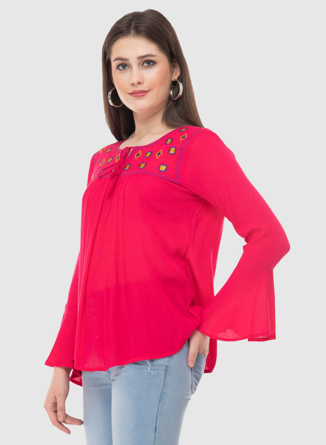 Women Top Rani Casual Regular Fit Bell Sleeve Embroidery Work