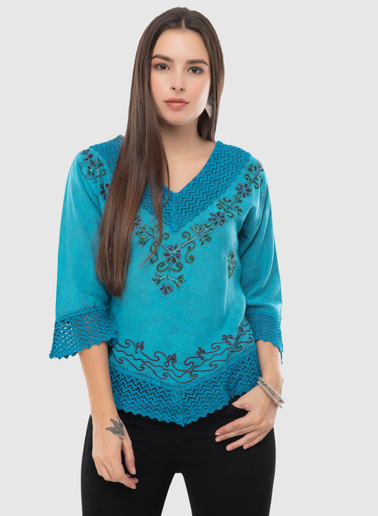 Women Top Blue Casual Regular Fit 3/4 Sleeve Embroidery Work