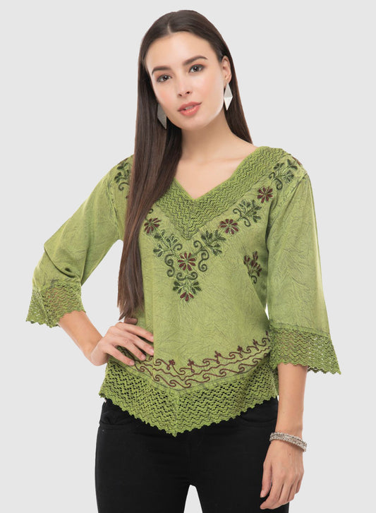 Women Top Green Casual Regular Fit 3/4 Sleeve Embroidery Work