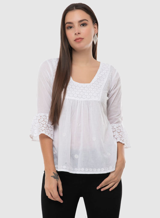 Women Top White Casual Regular Fit 3/4 Sleeve Embroidery Work