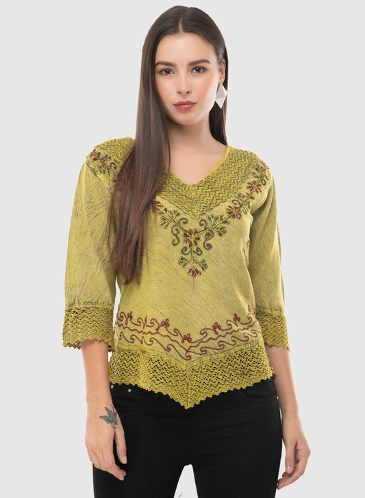 Women Top Yellow Green Casual Regular Fit 3/4 Sleeve Embroidery Work