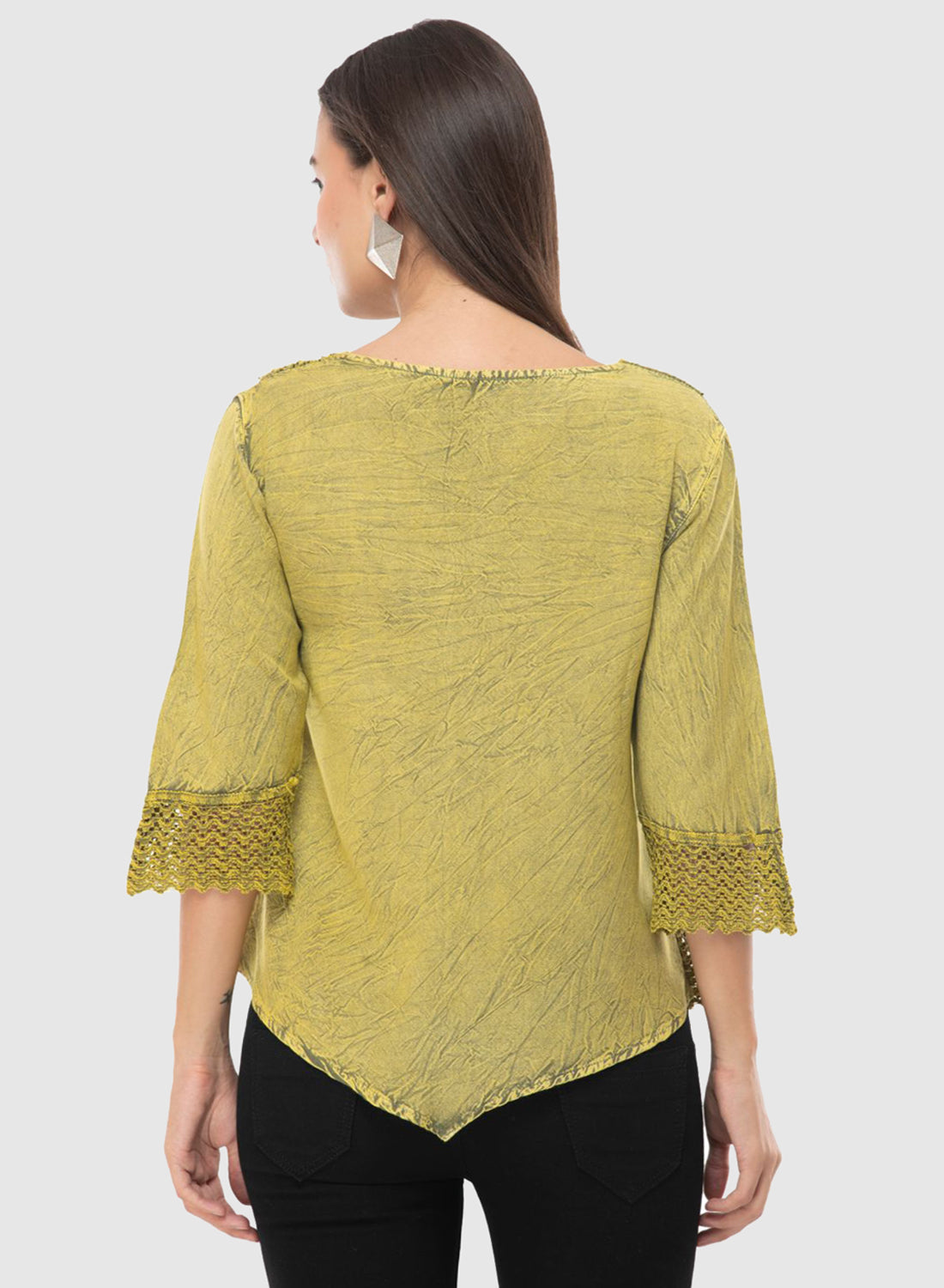 Women Top Yellow Green Casual Regular Fit 3/4 Sleeve Embroidery Work