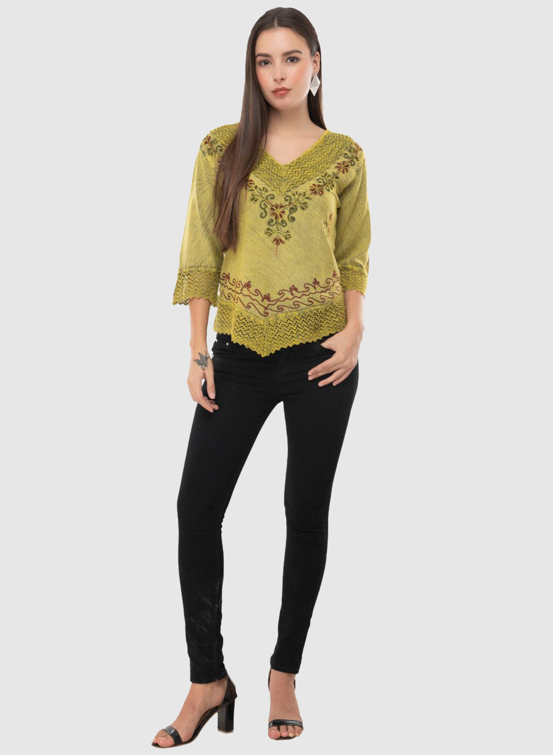 Women Top Yellow Green Casual Regular Fit 3/4 Sleeve Embroidery Work
