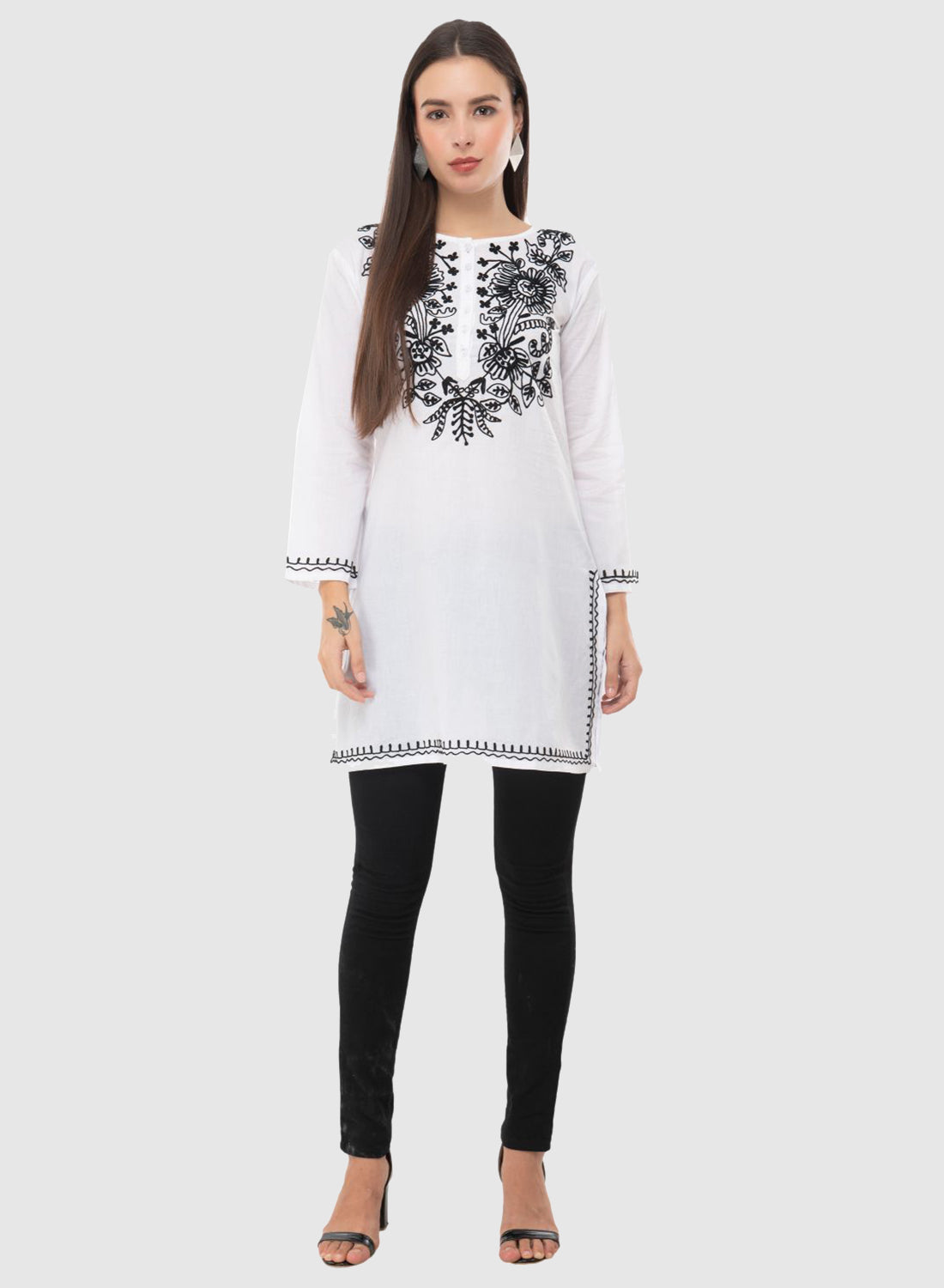 Women Top White Casual Regular Fit 3/4 Sleeve Embroidery Work