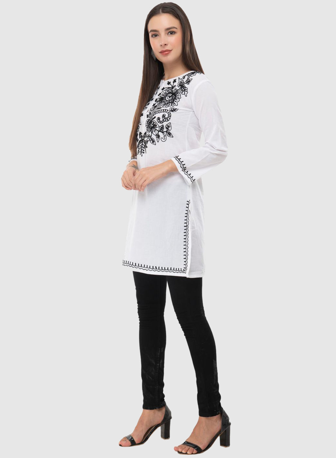 Women Top White Casual Regular Fit 3/4 Sleeve Embroidery Work