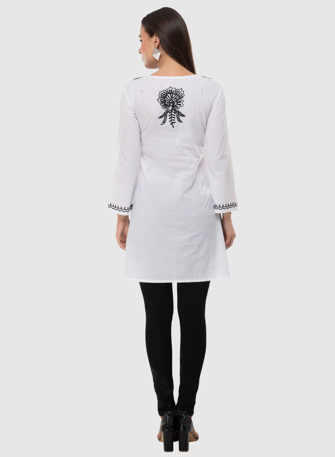 Women Top White Casual Regular Fit 3/4 Sleeve Embroidery Work