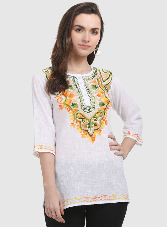 Women Top White Casual Regular Fit 3/4 Sleeve Embroidery Work