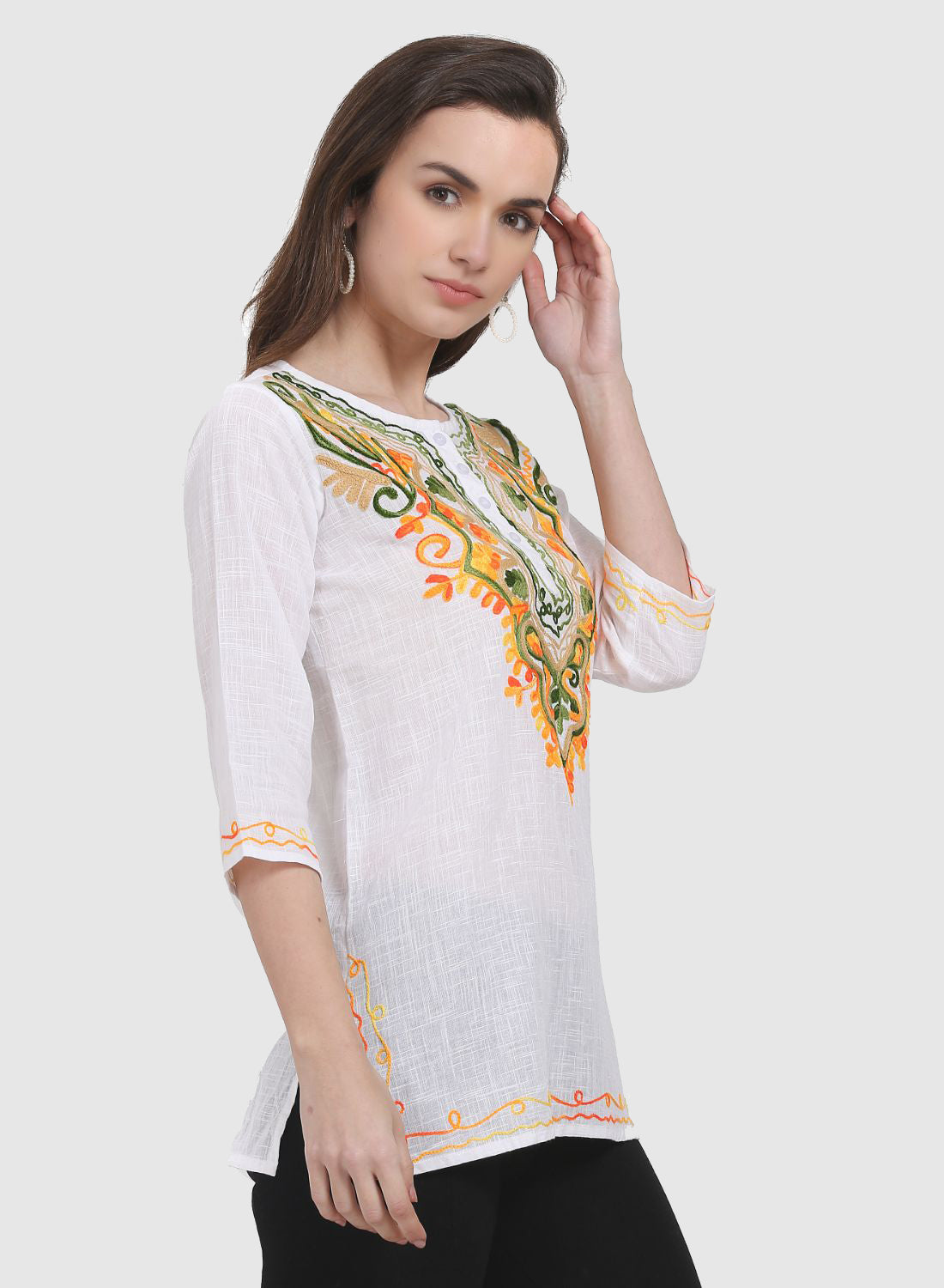 Women Top White Party Wear Fit and Flare 3/4 Sleeve Embroidery Work